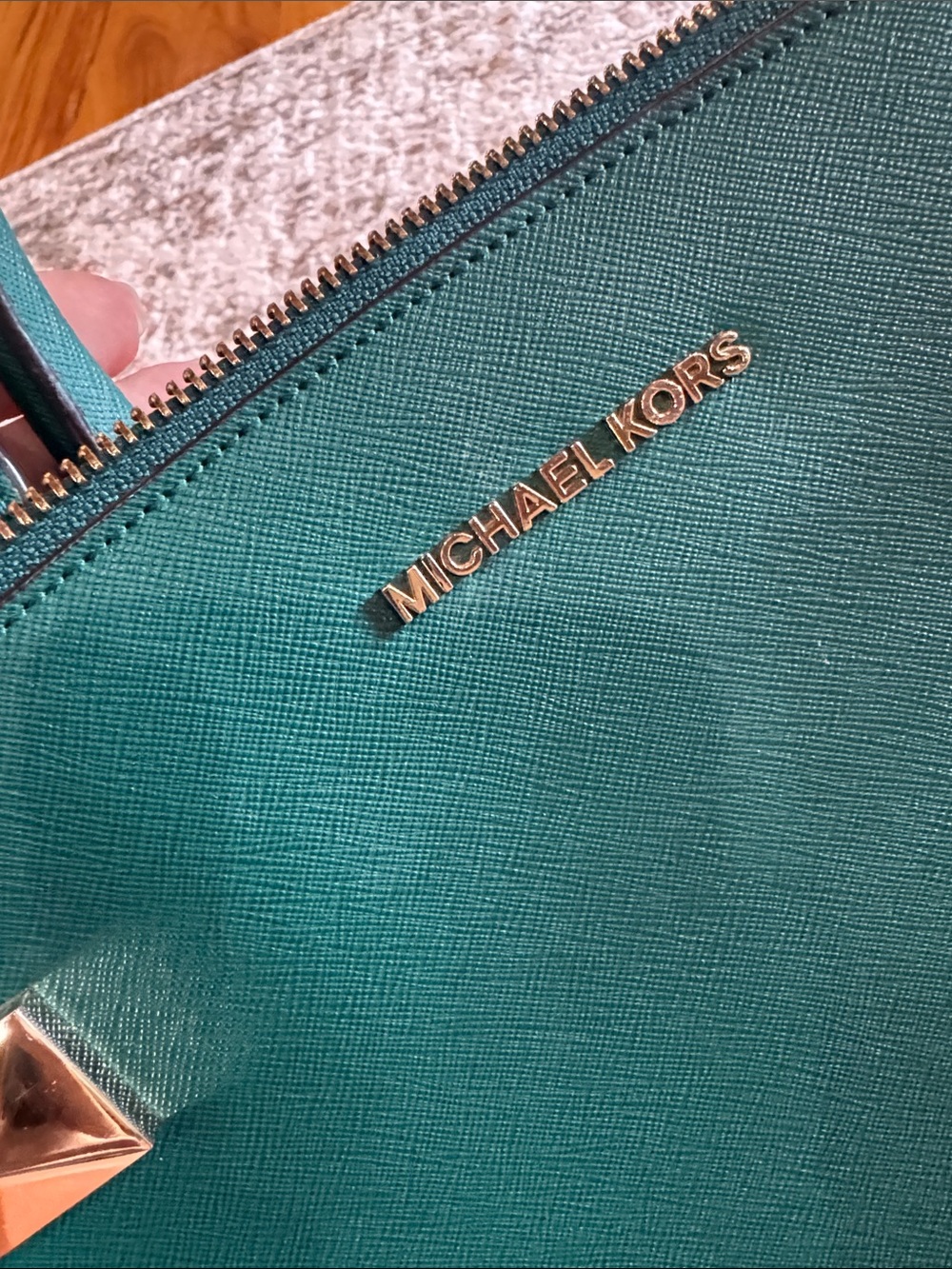 Michael Kors Teal Saffiano Leather Satchel with Gold Accents